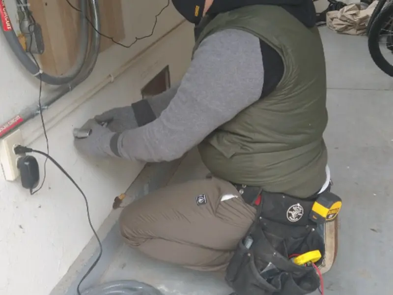 Electrician performing outlet wiring in a Guymon garage
